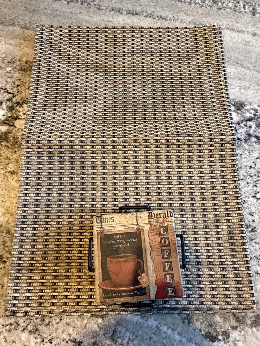 Coffee-Themed Decorative Coasters & Neutral Woven Design Placemats